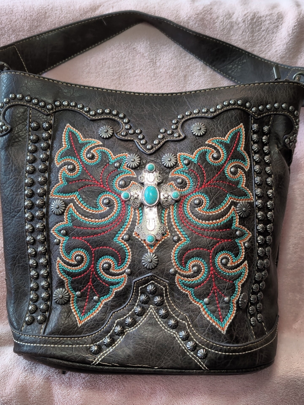 Monta West Women’s Embroidered Black Shoulder Bag with Turquoise Accents